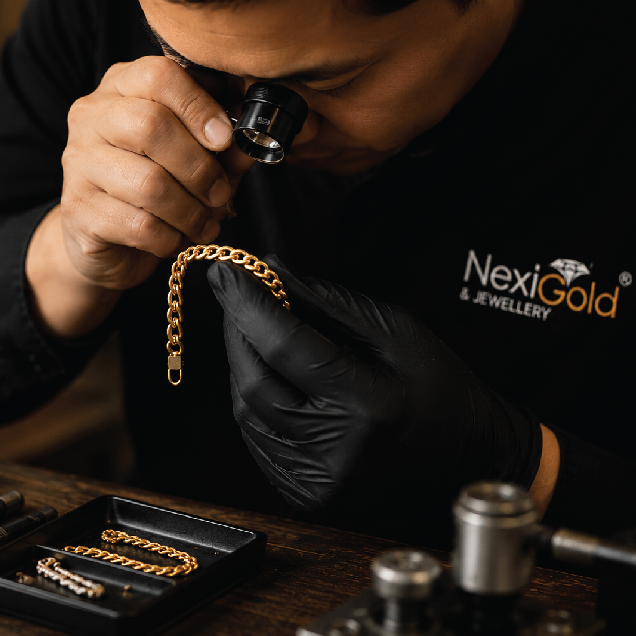 Nexigold jeweller inspecting a gold chain with a loupe